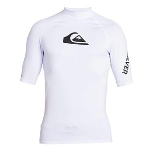 Quiksilver Men's White Rash Guard with Black Logo- perfect for swimming